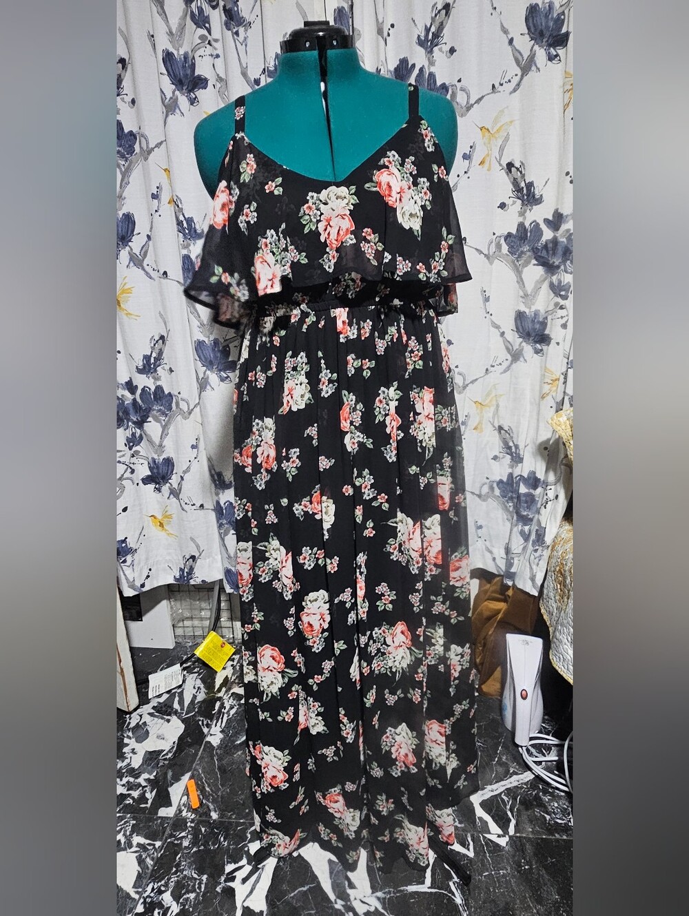 Black Floral Maxi Dress with Pink Roses